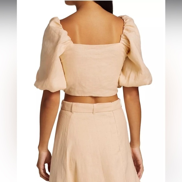Faithfull the Brand Idrissy Cropped Top Tie Front Puff Sleeve Tan Linen Size S - Picture 12 of 14